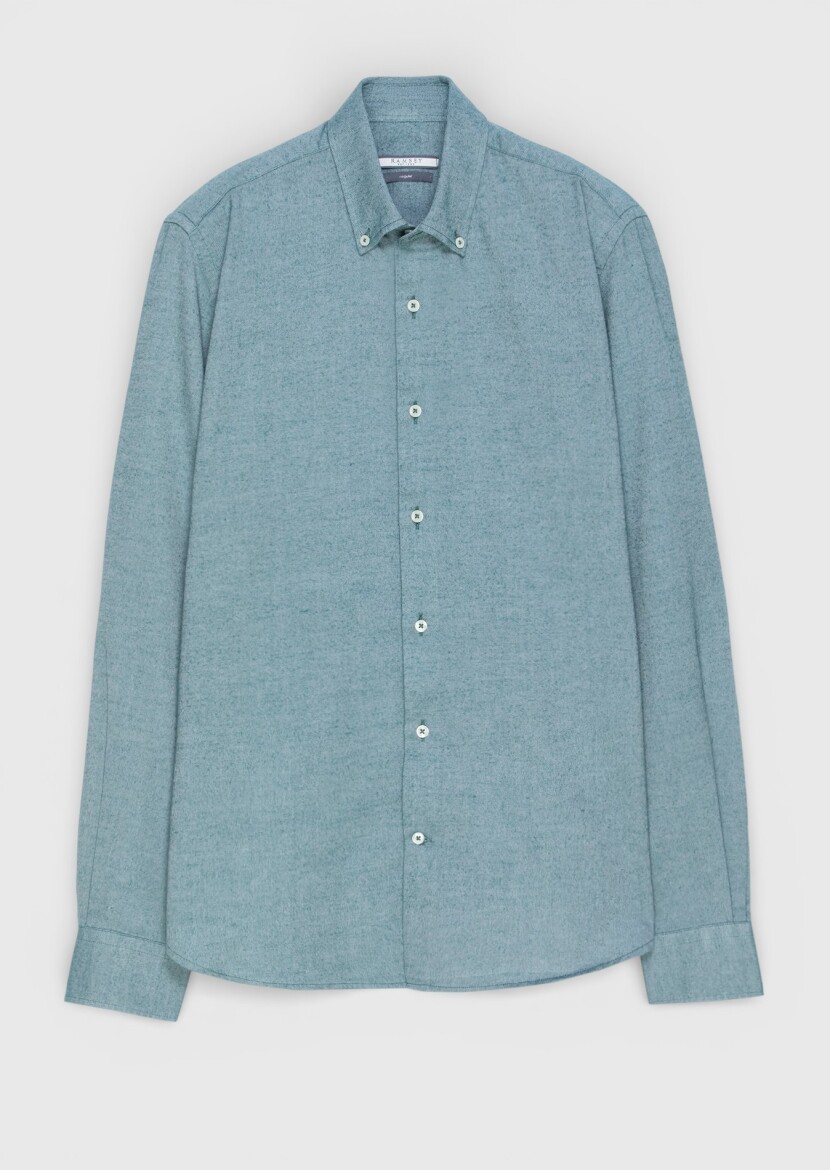 Green Plain Regular Fit Long Weaving Casual 100% Cotton Shirt - 5