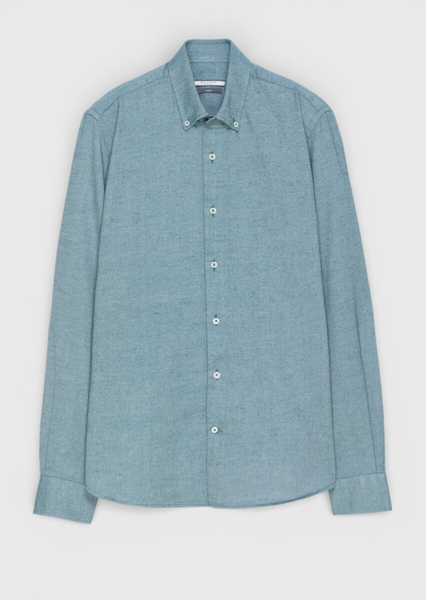 Green Plain Regular Fit Long Weaving Casual 100% Cotton Shirt - 5