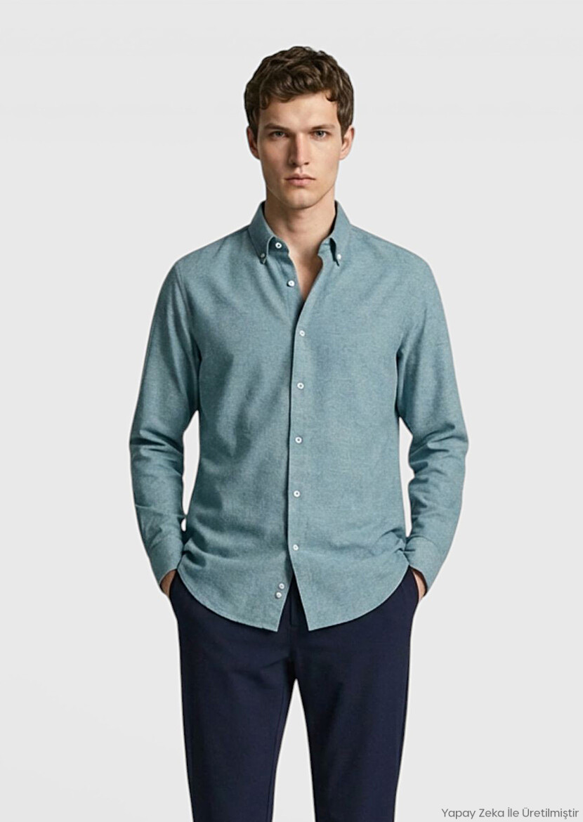 Green Plain Regular Fit Long Weaving Casual 100% Cotton Shirt - RAMSEY