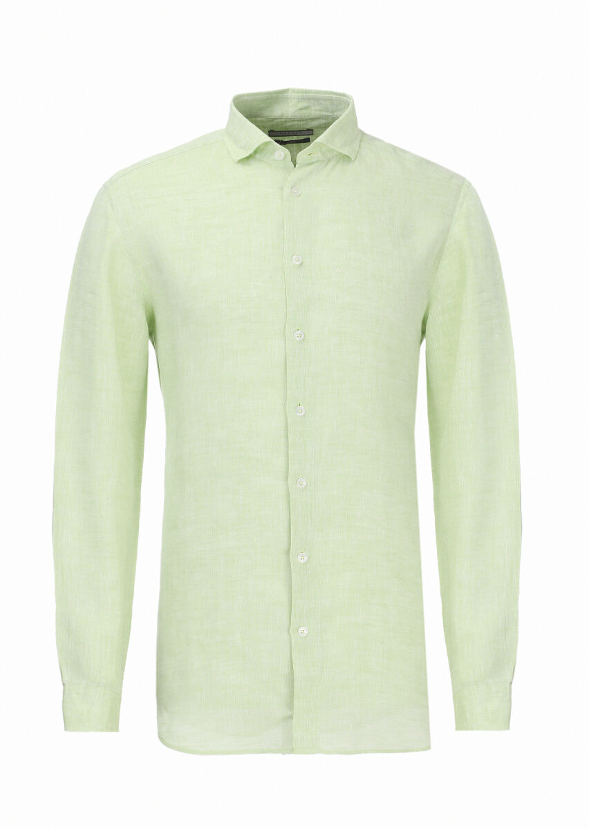 Green Plain Regular Fit Long Weaving Casual 100% Linen Shirt - 1