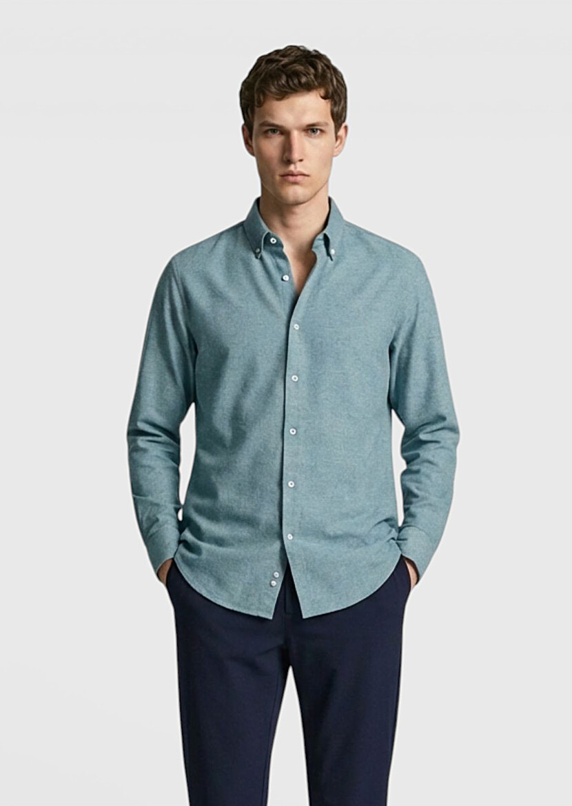 Green Plain Regular Fit Weaving Casual 100% Cotton Shirt - RAMSEY
