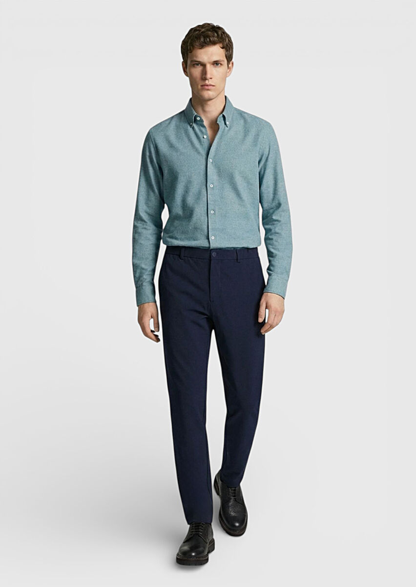 Green Plain Regular Fit Weaving Casual 100% Cotton Shirt - 2