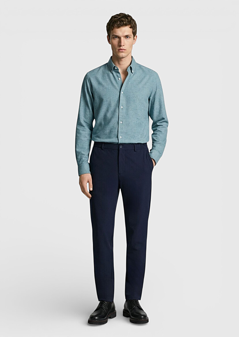 Green Plain Regular Fit Weaving Casual 100% Cotton Shirt - 3