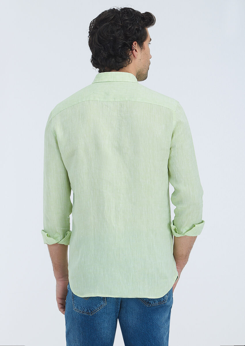 Green Plain Regular Fit Weaving Casual 100% Linen Shirt - 4