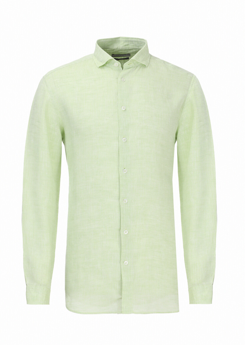 Green Plain Regular Fit Weaving Casual 100% Linen Shirt - 5