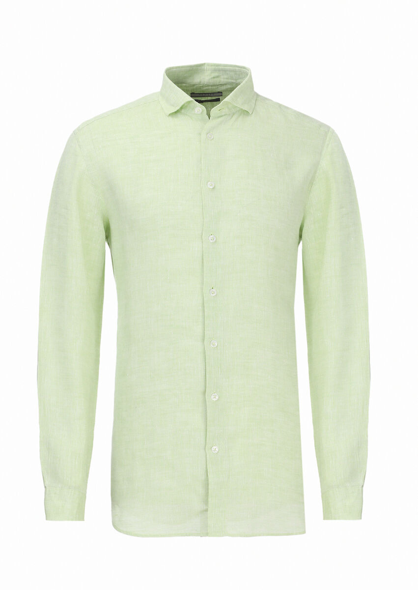 Green Plain Regular Fit Weaving Casual 100% Linen Shirt - 5