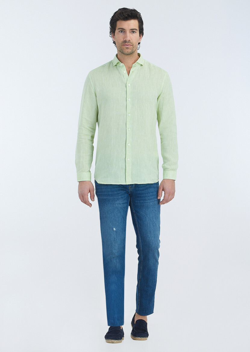 Green Plain Regular Fit Weaving Casual 100% Linen Shirt - 1