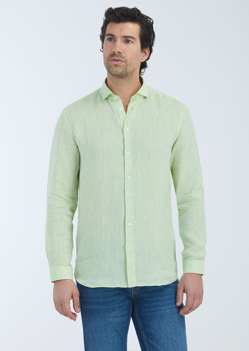 Green Plain Regular Fit Weaving Casual 100% Linen Shirt - 2