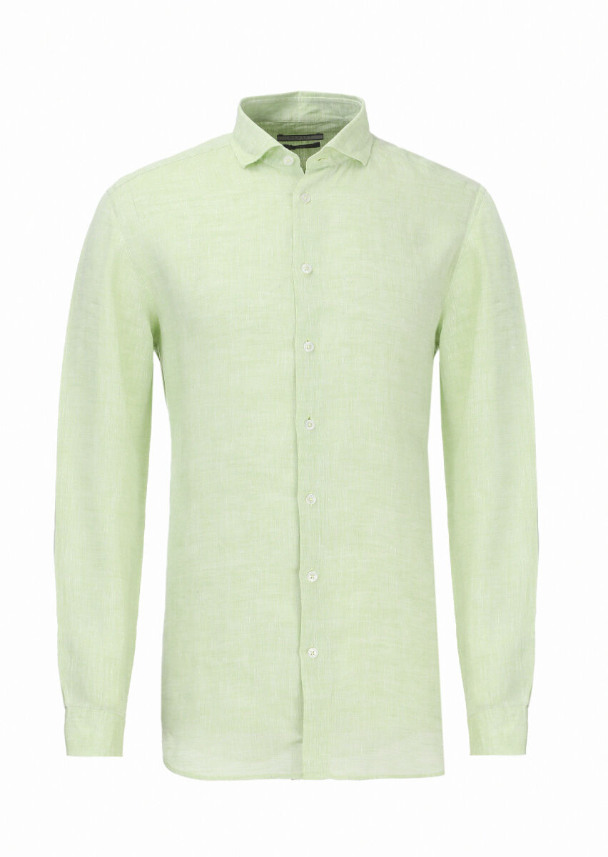 Green Plain Regular Fit Weaving Casual 100% Linen Shirt - 5