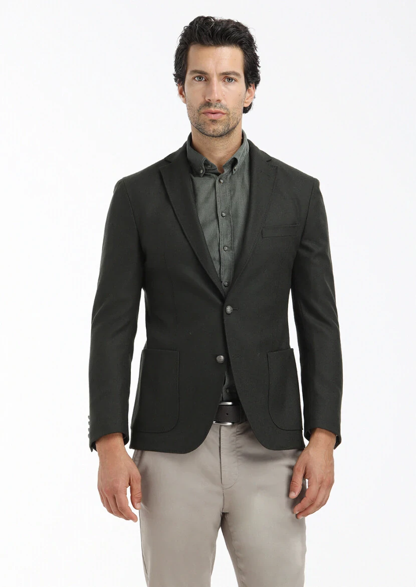Green Plain Zeroweight Slim Fit Wool Blended Jacket - 2
