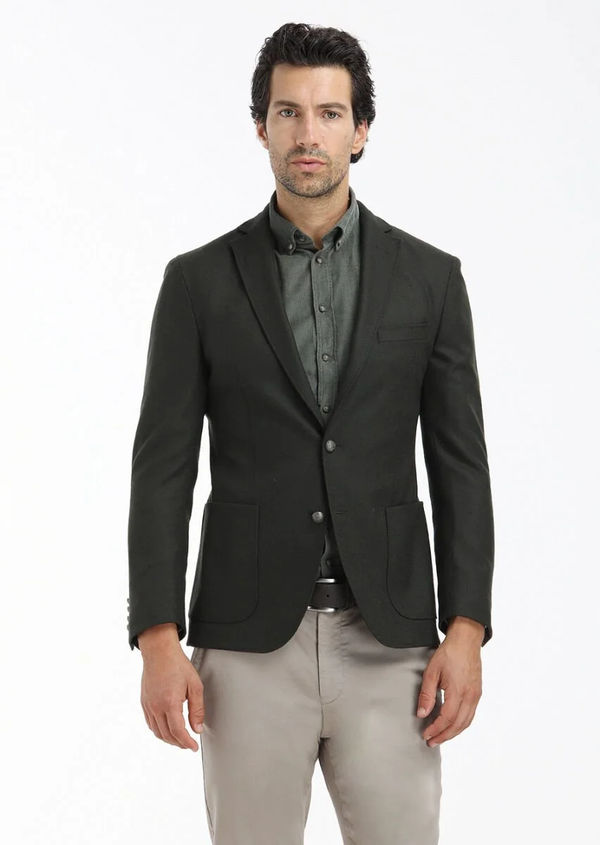 Green Plain Zeroweight Slim Fit Wool Blended Jacket - 2