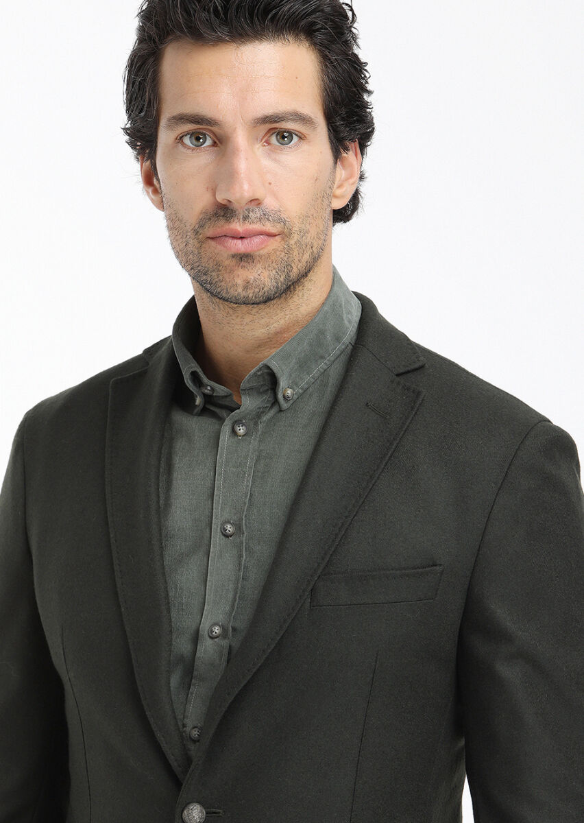 Green Plain Zeroweight Slim Fit Wool Blended Jacket - 4