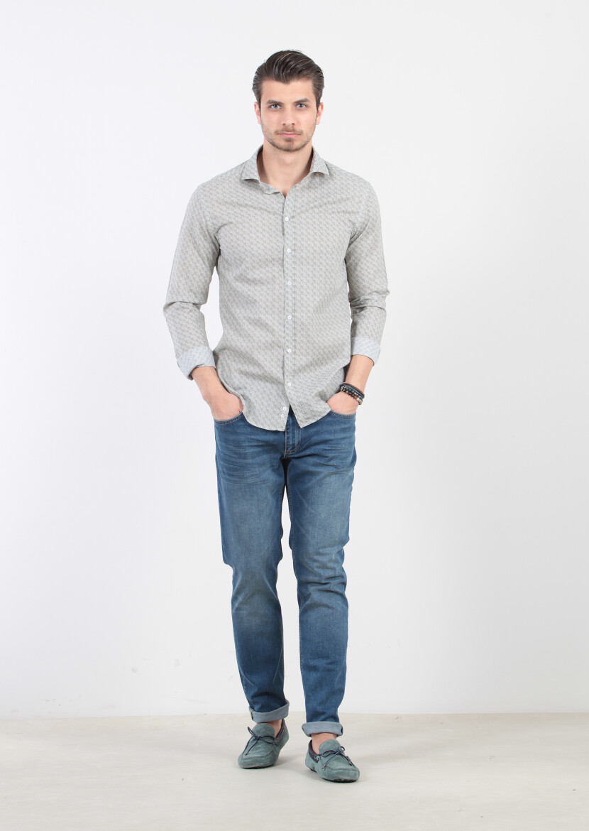 Green Printed Fitted Fit Long Weaving Casual 100% Cotton Shirt - 1