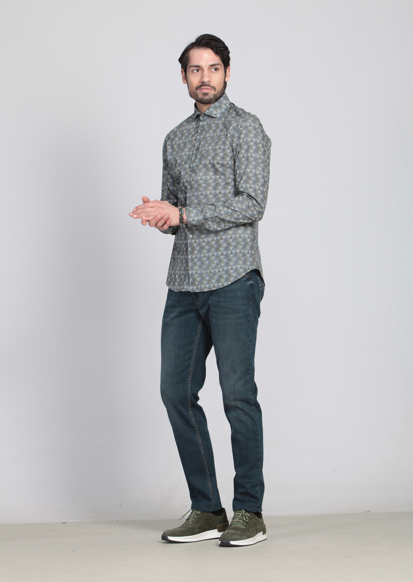 Green Printed Slim Fit Long Weaving Casual 100% Cotton Shirt 