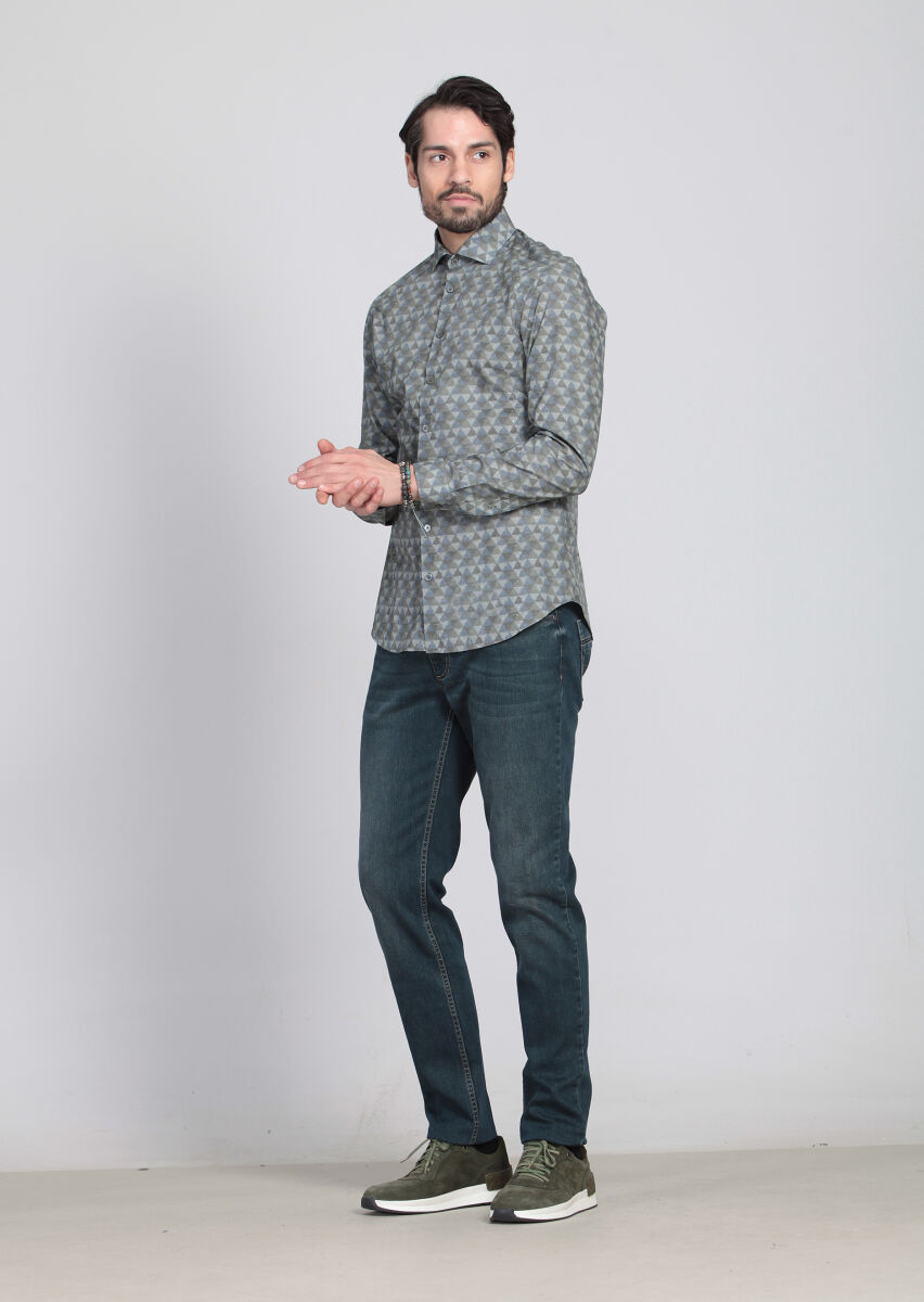 Green Printed Slim Fit Long Weaving Casual 100% Cotton Shirt - 1