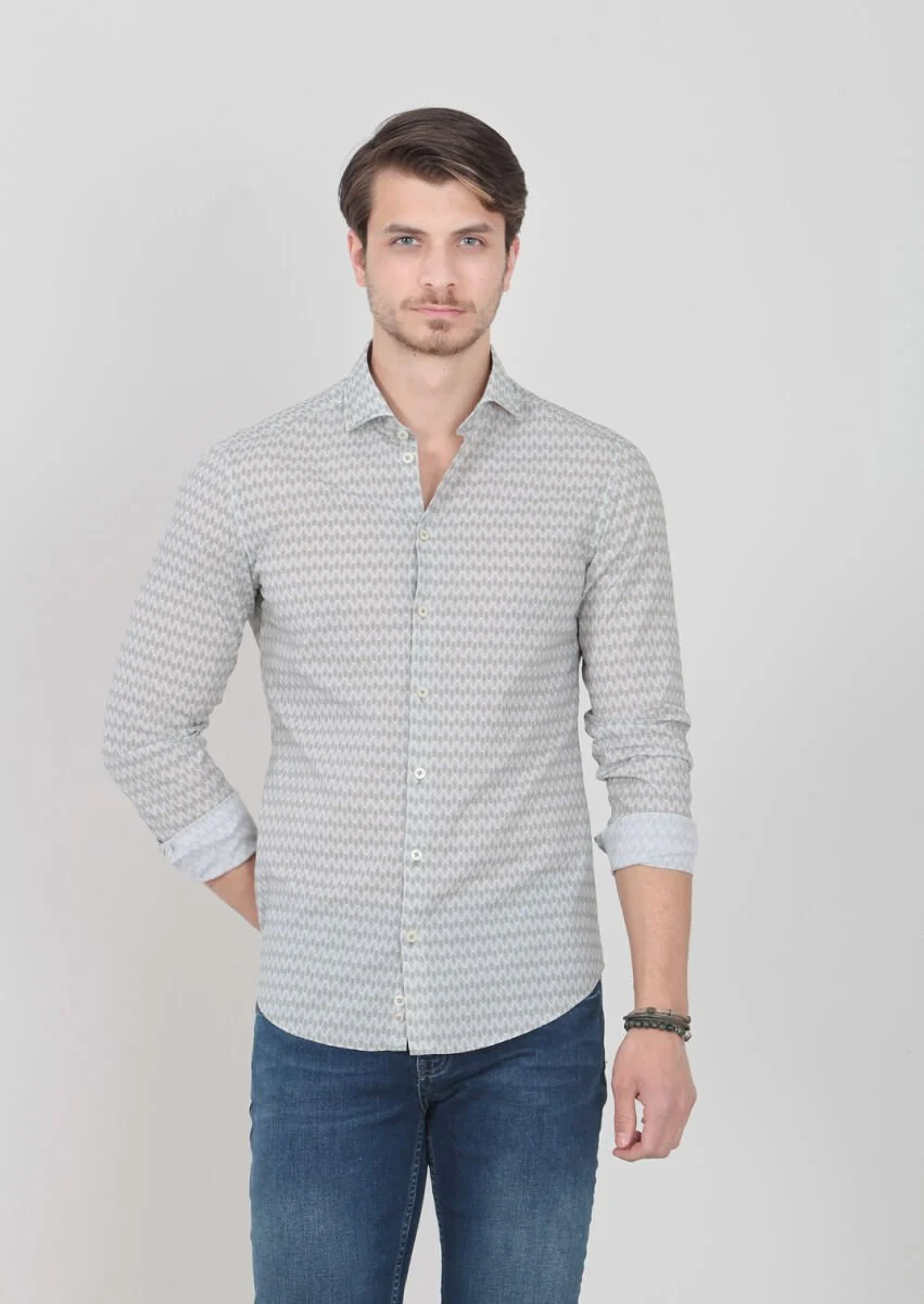 Green Printed Slim Fit Weaving Casual 100% Cotton Shirt - 1