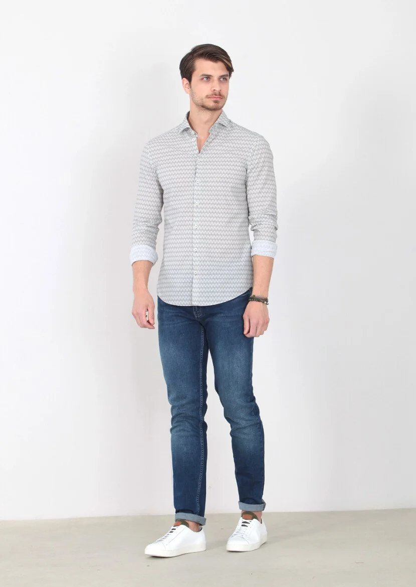 Green Printed Slim Fit Weaving Casual 100% Cotton Shirt 