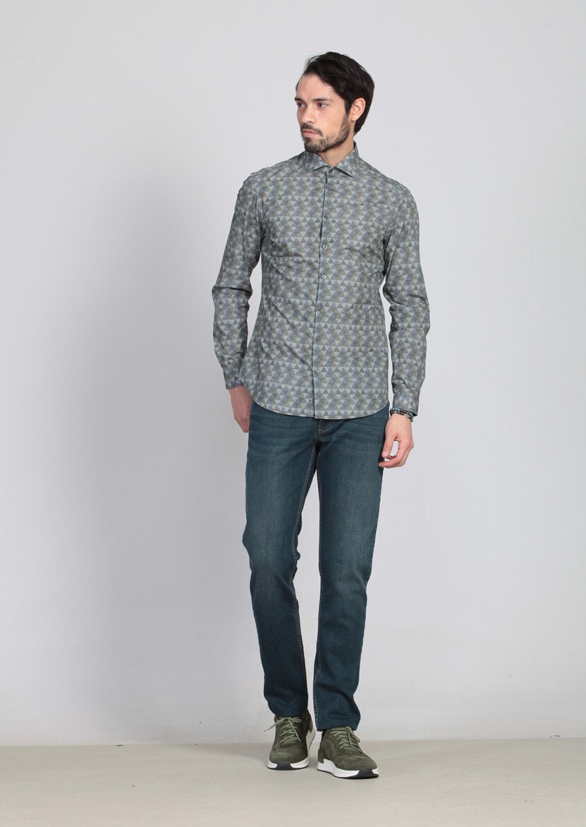 Green Printed Slim Fit Weaving Casual 100% Cotton Shirt - 3
