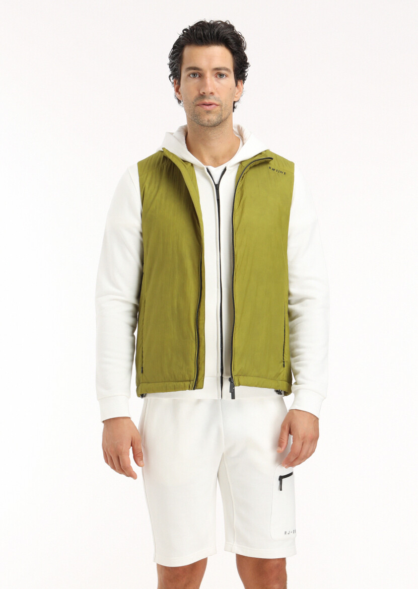 Green Regular Fit Turtleneck Casual Weaving Puffer Vest - 3