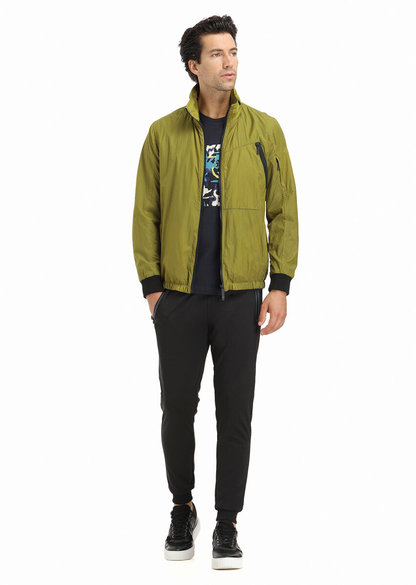 Green Regular Fit Turtleneck Denim Weaving Removable Hood Coat - 1