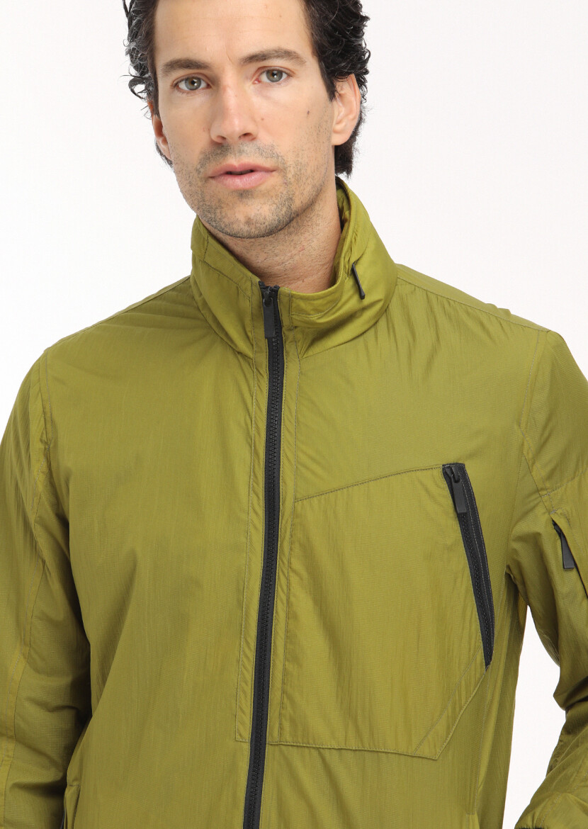 Green Regular Fit Turtleneck Denim Weaving Removable Hood Coat - 4