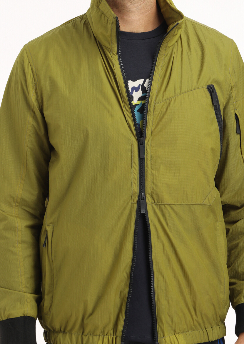 Green Regular Fit Turtleneck Denim Weaving Removable Hood Coat - 6