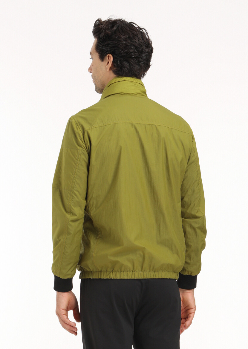 Green Regular Fit Turtleneck Denim Weaving Removable Hood Coat - 7