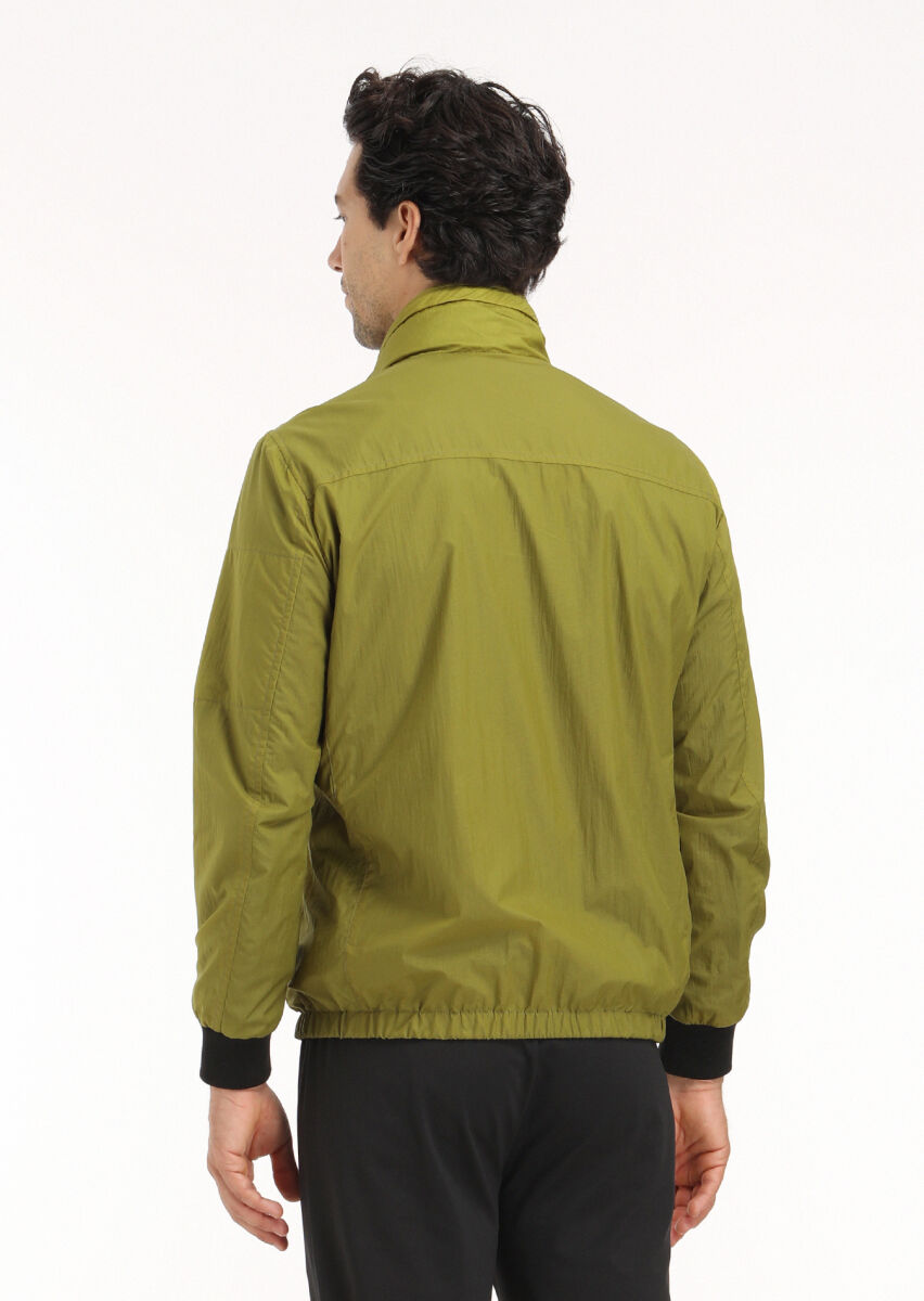 Green Regular Fit Turtleneck Denim Weaving Removable Hood Coat - 7