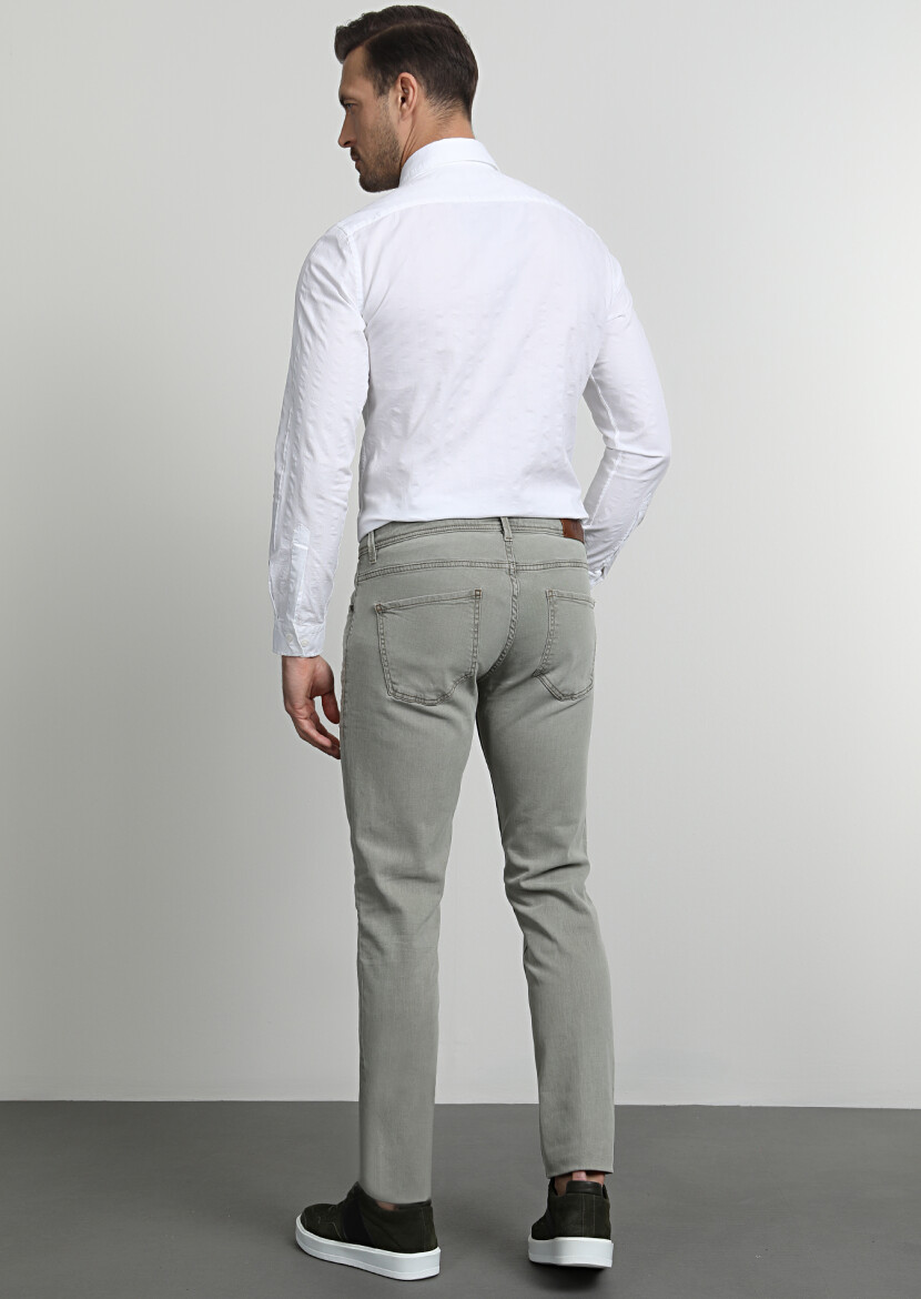 Green Slim Fit Denim Cotton Blended Trousers - 4