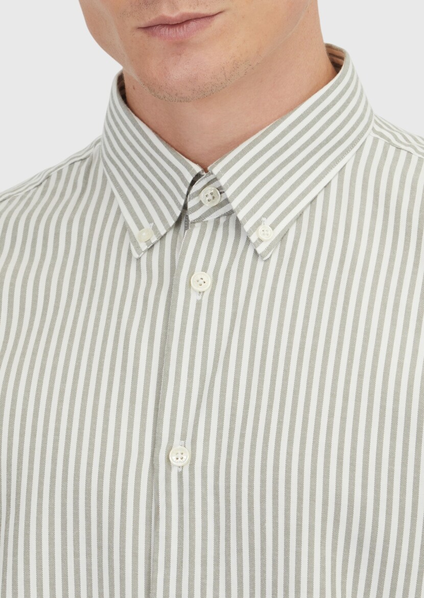 Green Striped Loose Fit Long Weaving Casual Cotton Blended Shirt - 3