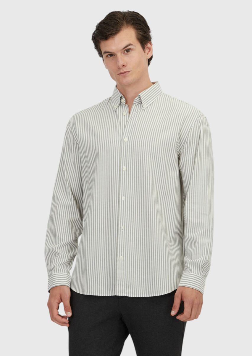 Green Striped Loose Fit Weaving Casual Cotton Blended Shirt - 1