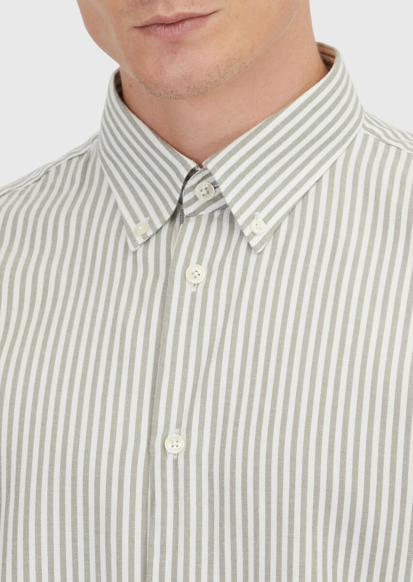 Green Striped Loose Fit Weaving Casual Cotton Blended Shirt - 3