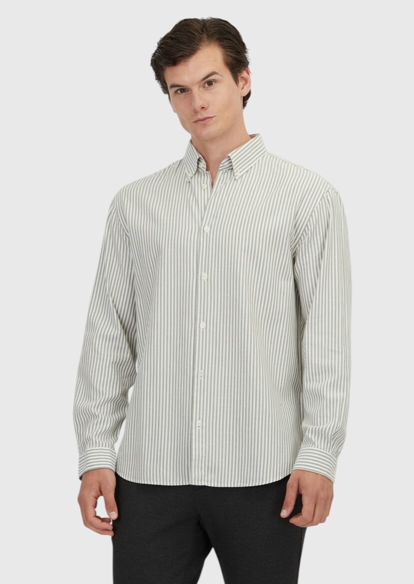 Green Striped Loose Fit Weaving Casual Cotton Blended Shirt - 1