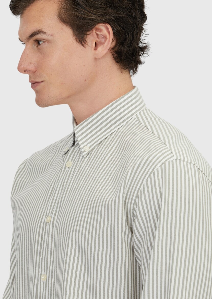 Green Striped Loose Fit Weaving Casual Cotton Blended Shirt - 4