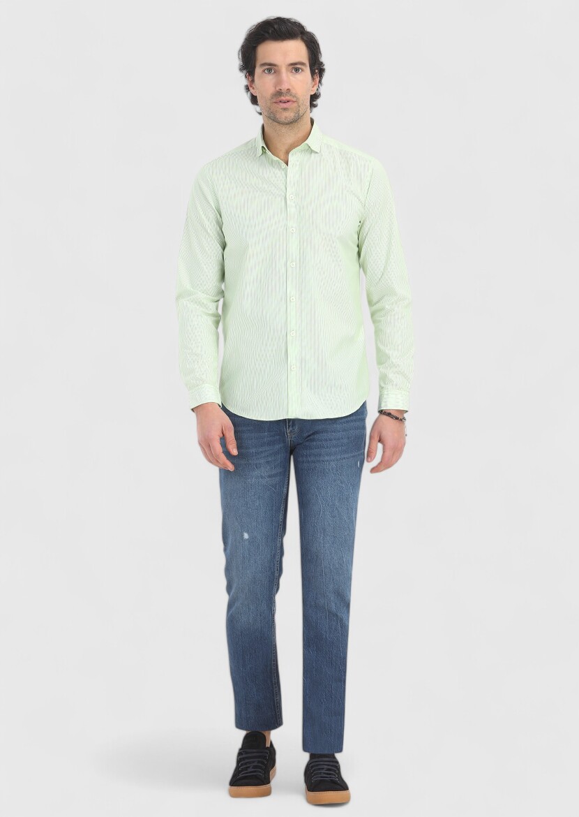 Green Striped Regular Fit Long Weaving Casual 100% Cotton Shirt - 1