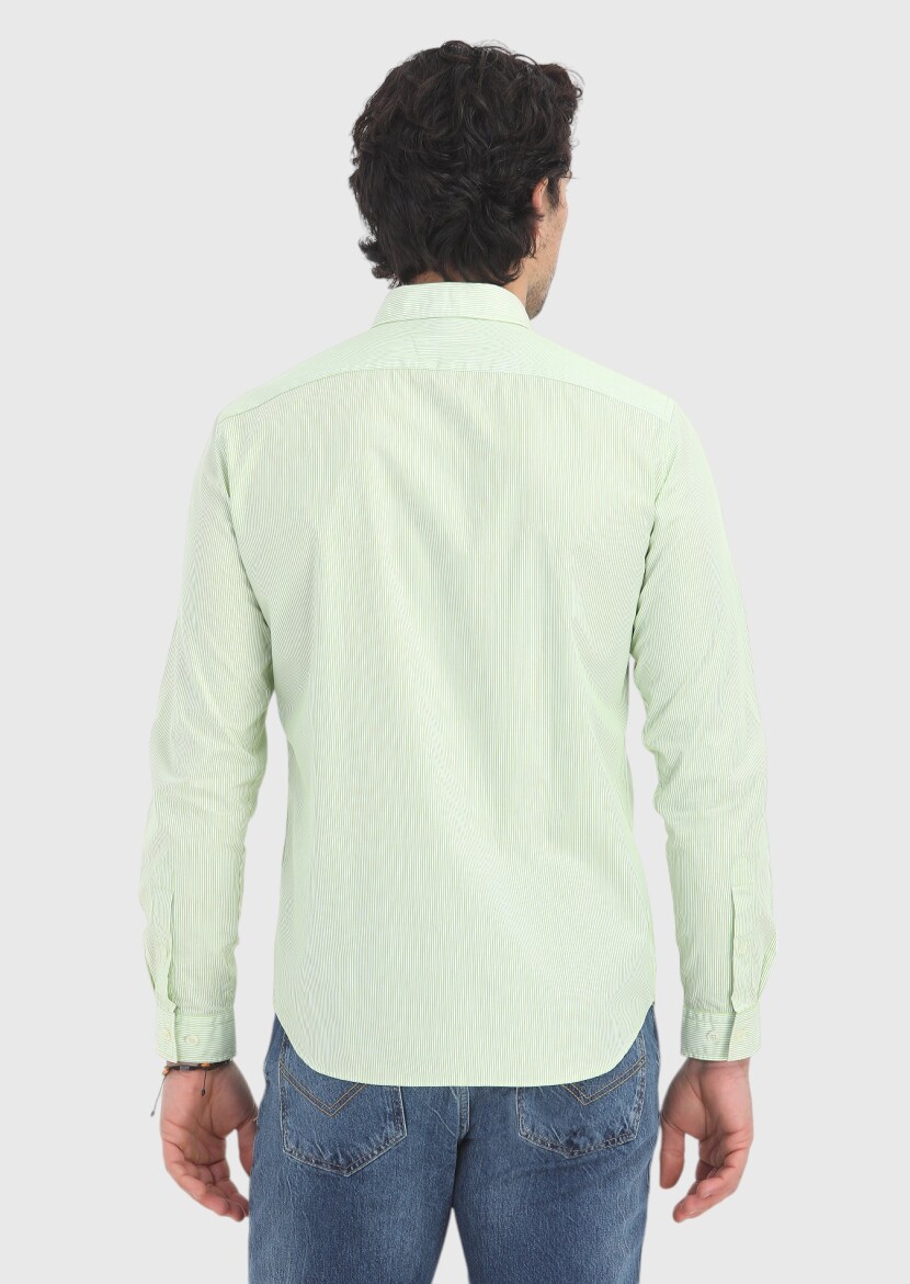 Green Striped Regular Fit Long Weaving Casual 100% Cotton Shirt - 4