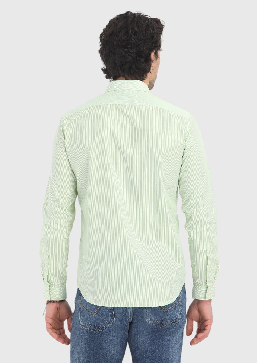 Green Striped Regular Fit Long Weaving Casual 100% Cotton Shirt - 4