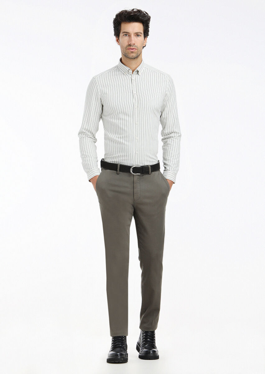 Green Striped Regular Fit Long Weaving Casual Cotton Blended Shirt - 1
