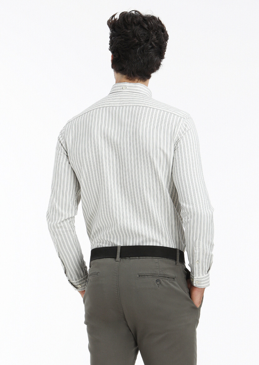 Green Striped Regular Fit Long Weaving Casual Cotton Blended Shirt - 4