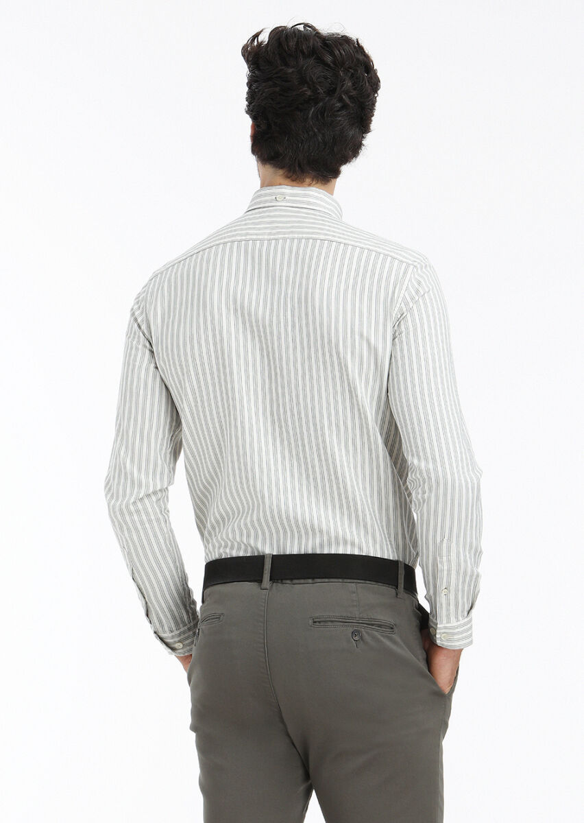 Green Striped Regular Fit Long Weaving Casual Cotton Blended Shirt - 4