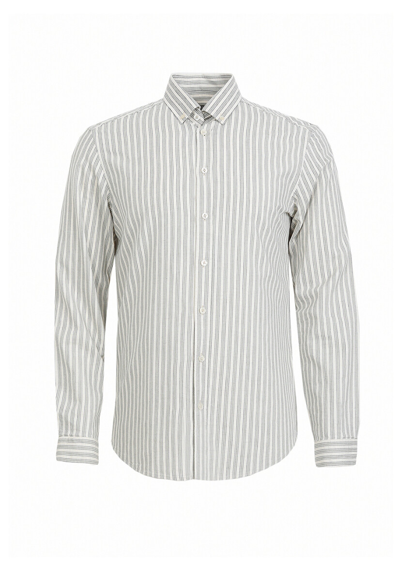 Green Striped Regular Fit Long Weaving Casual Cotton Blended Shirt - 5