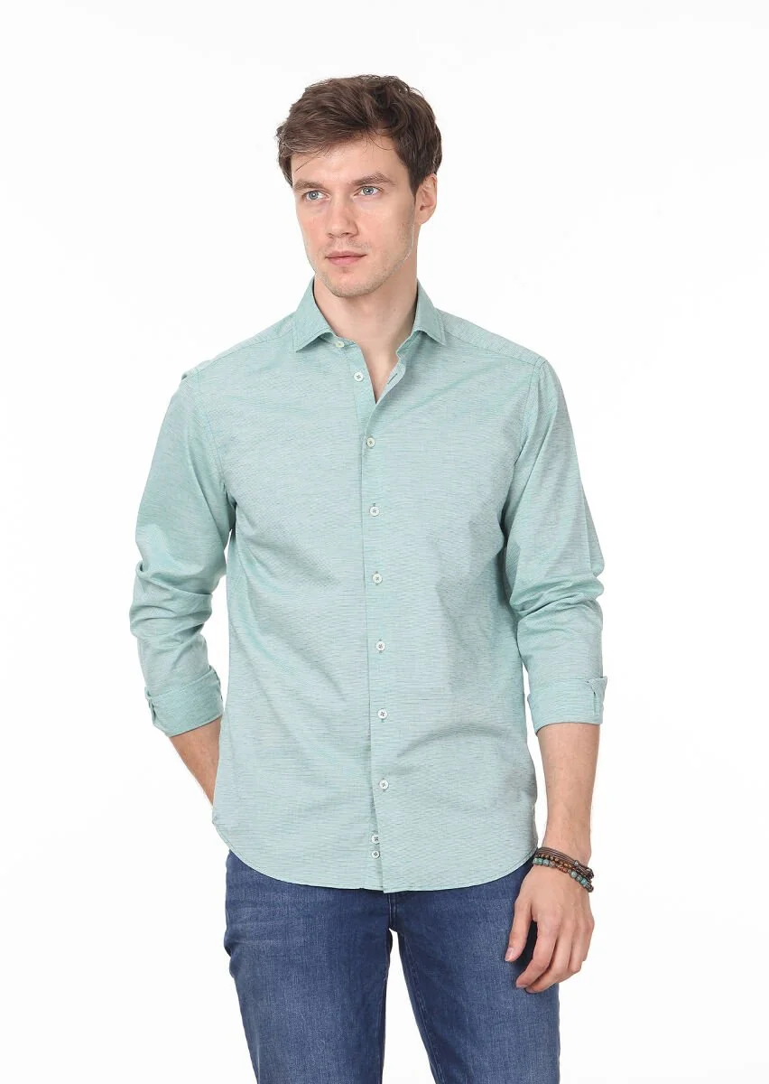 Green Striped Regular Fit Weaving Casual 100% Cotton Shirt - 1