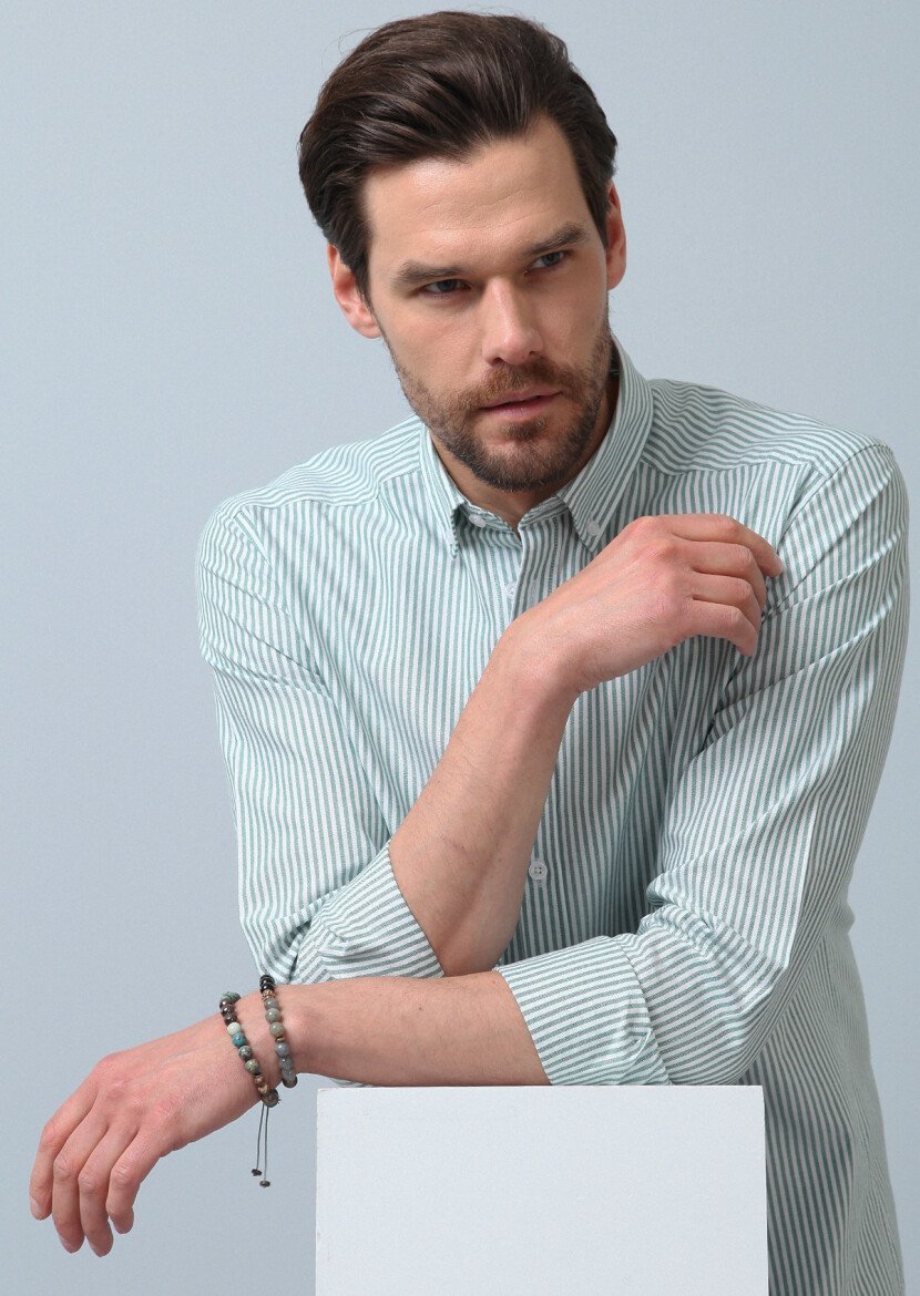 Green Striped Regular Fit Weaving Casual 100% Cotton Shirt - 1