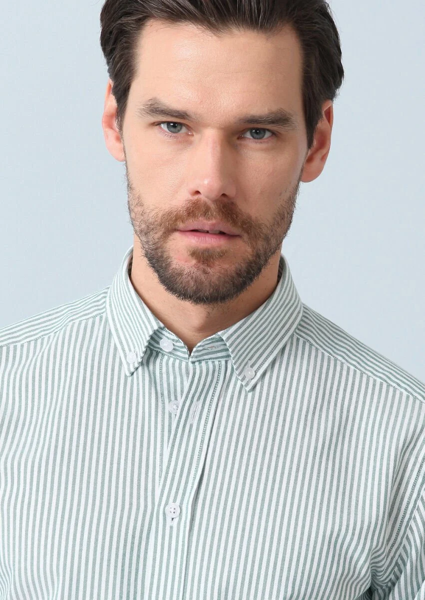 Green Striped Regular Fit Weaving Casual 100% Cotton Shirt - 3