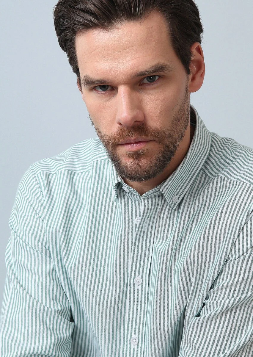 Green Striped Regular Fit Weaving Casual 100% Cotton Shirt - 5