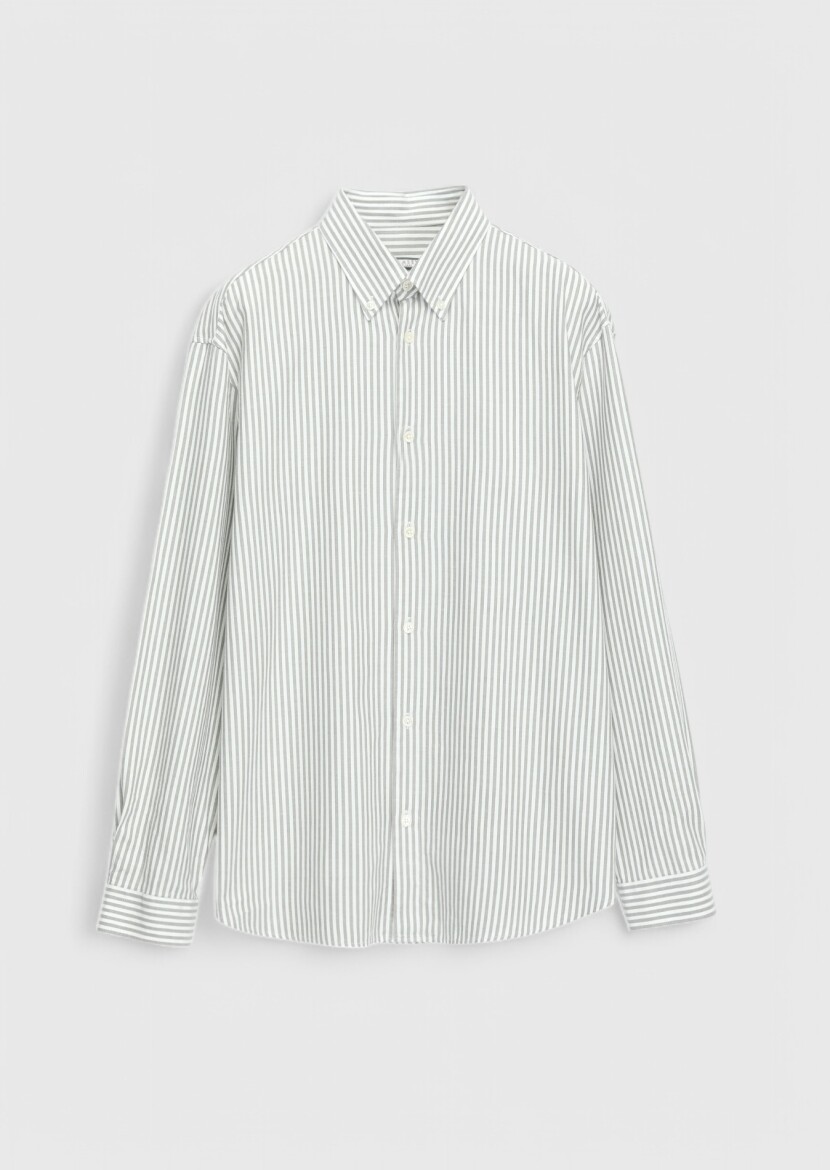 Green Striped Weaving Casual Cotton Blended Shirt 