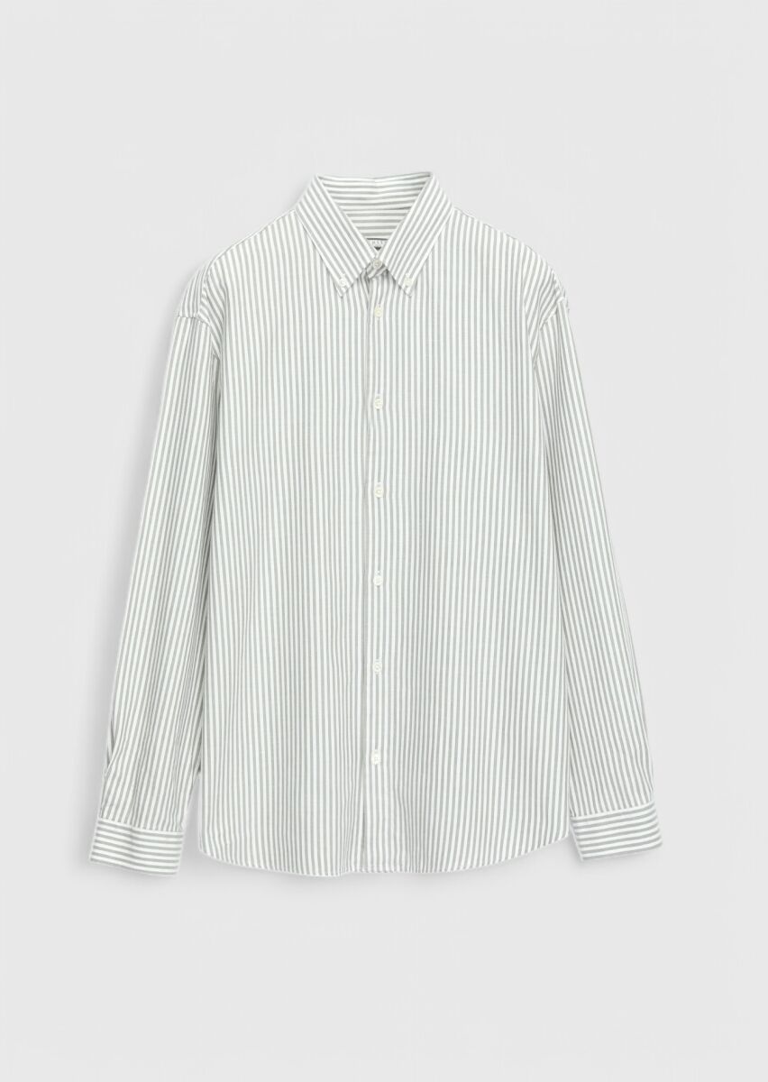 Green Striped Weaving Casual Cotton Blended Shirt - 1