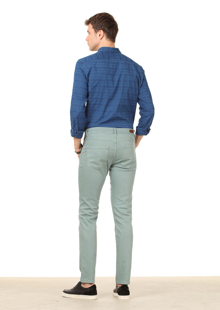 Green Weaving Slim Fit Casual Cotton Blended Trousers - 3