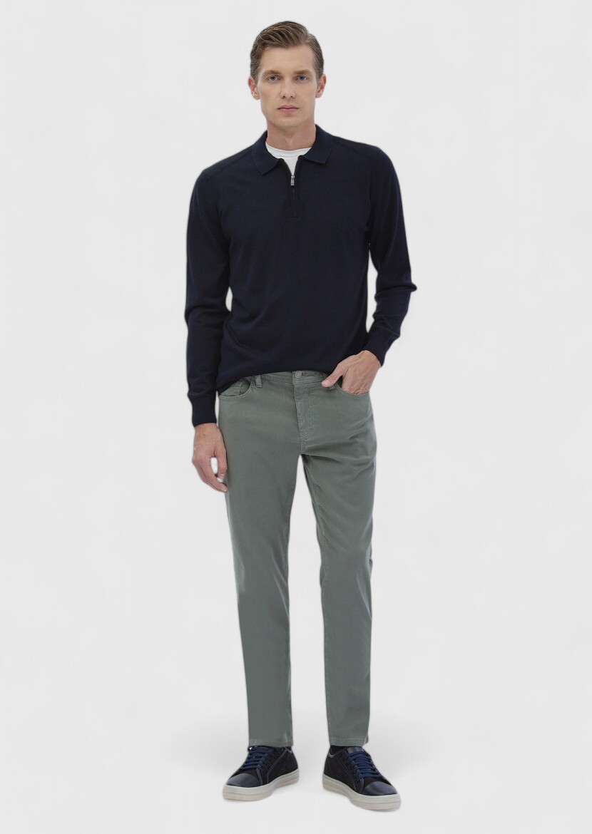 Green Weaving Slim Fit Casual Cotton Blended Trousers - RAMSEY