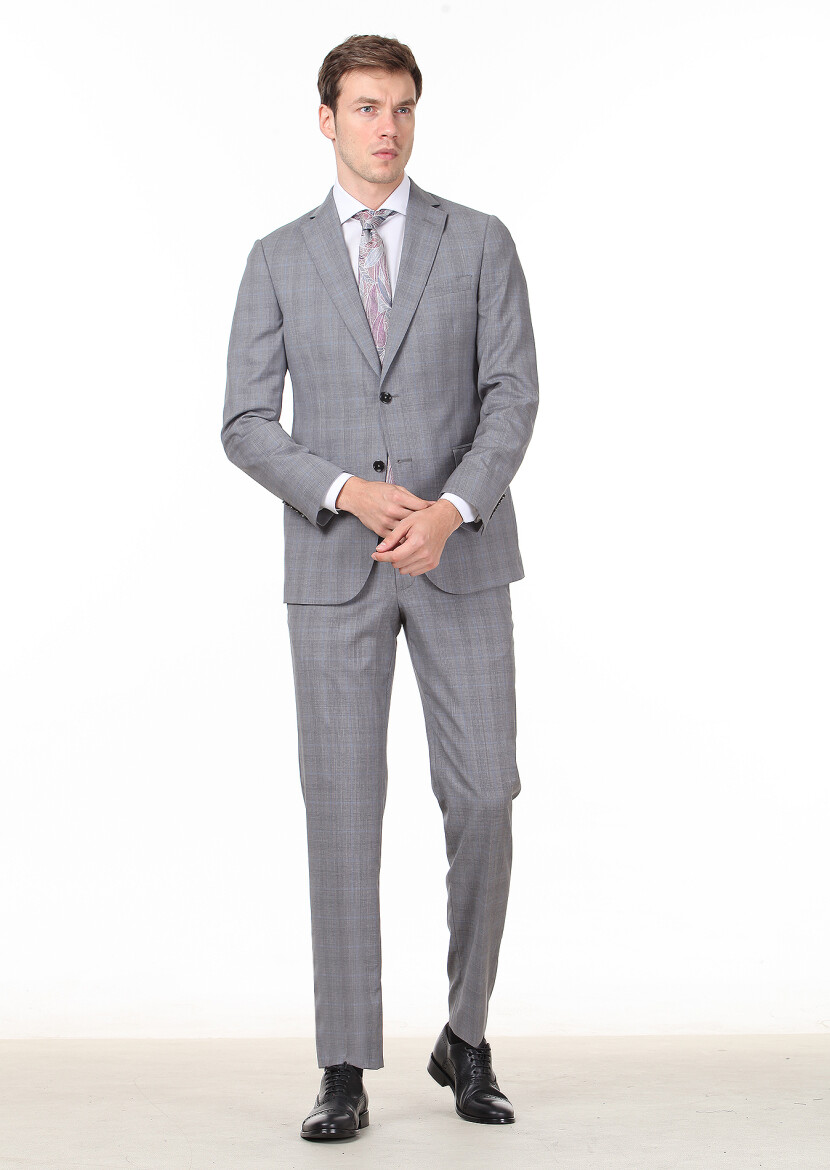 Grey Checkered Regular Fit 100% Wool Suit - 2